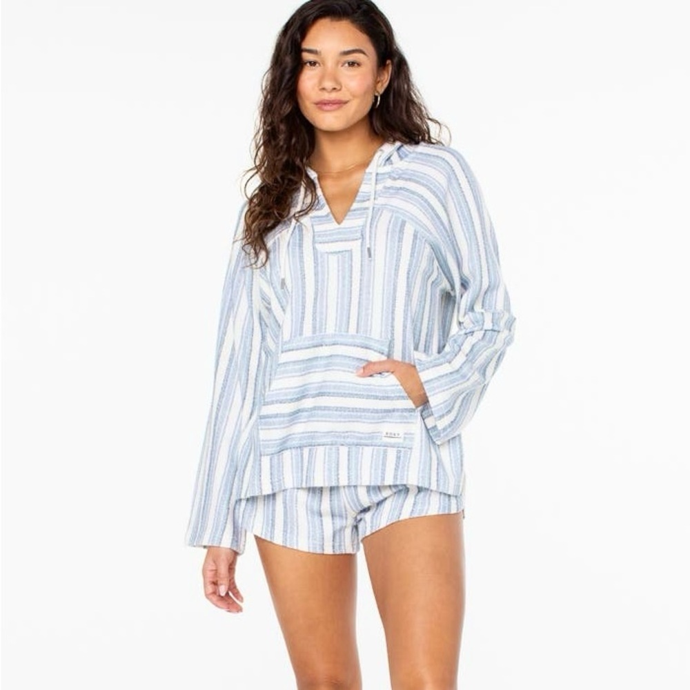 Roxy Navy and White Striped Beach Hooded V-Neck Pullover